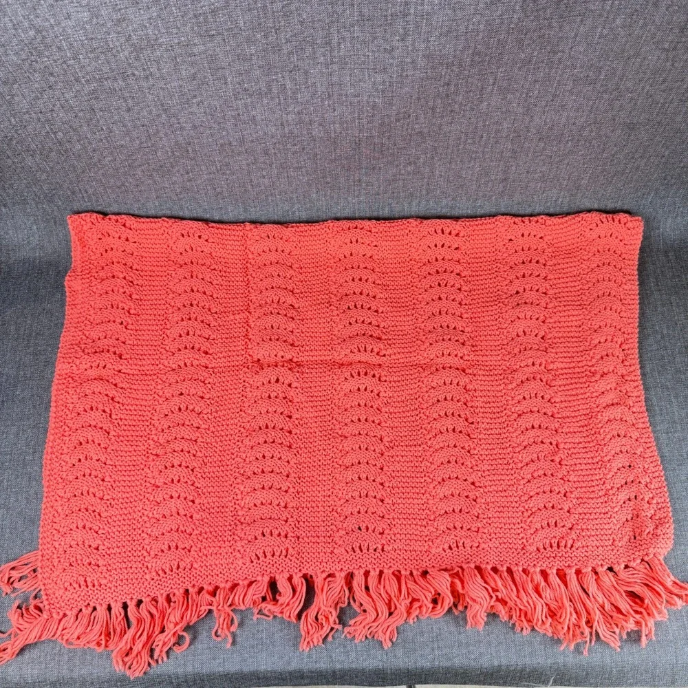 Handmade Crochet Throw Blanket Coral Pink Chevron Fringe 48